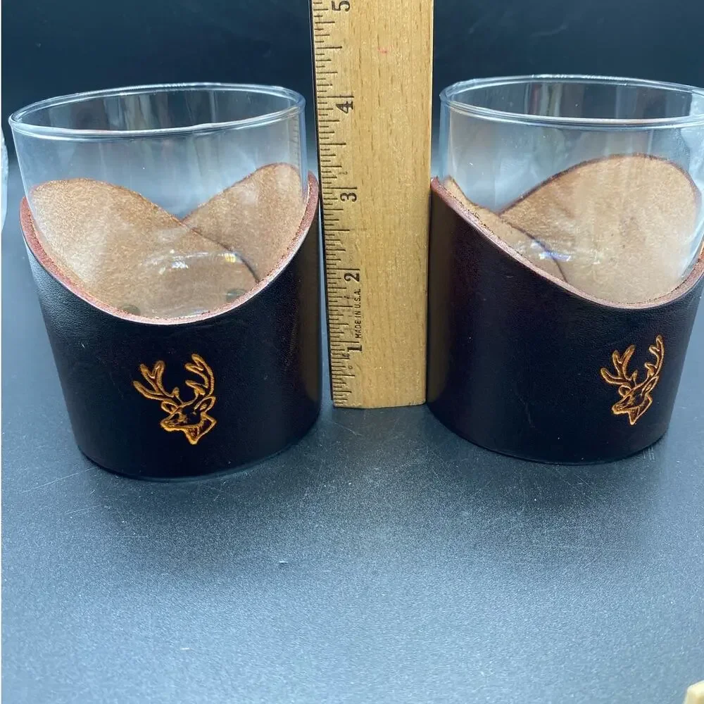 Pair of leather wrapped‎ whiskey glasses Buck design whiskey lover